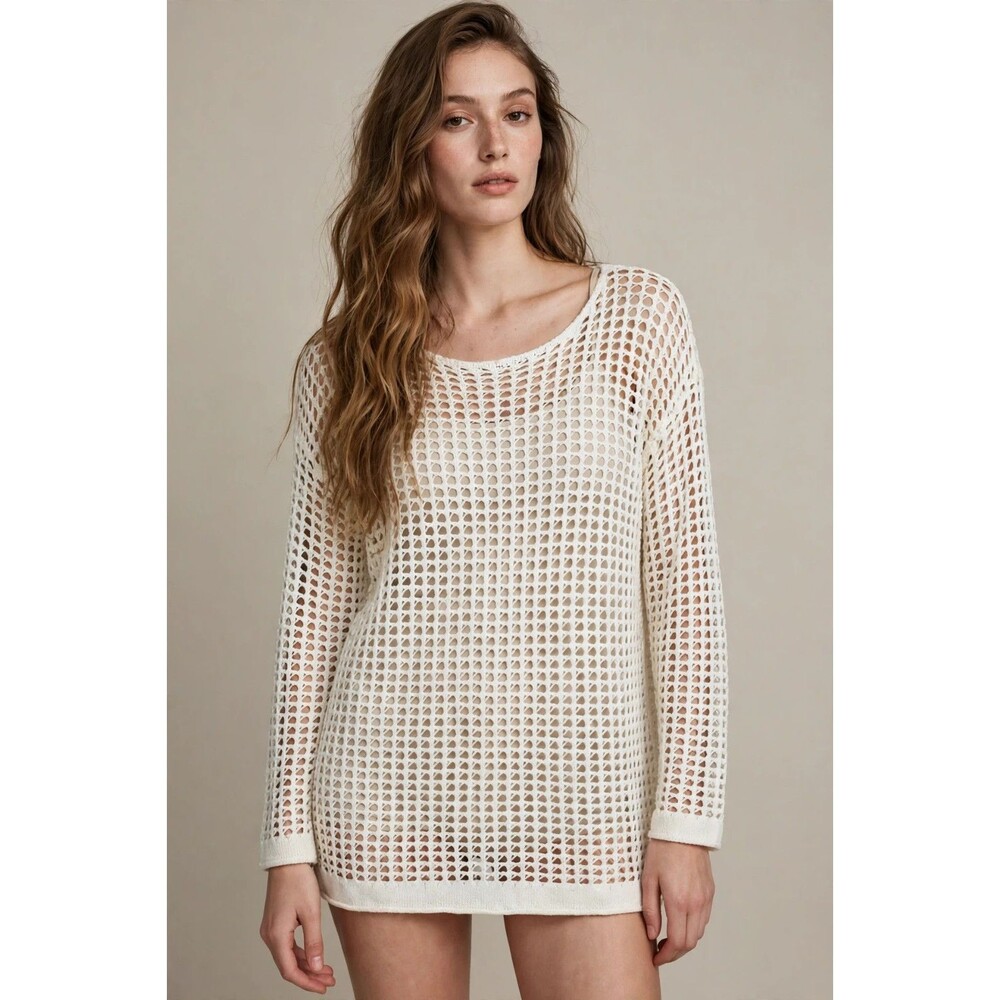 ZESICA Womens L Ivory Crochet Mesh Hollow Out Boho Cover Up Tunic Sweater Top